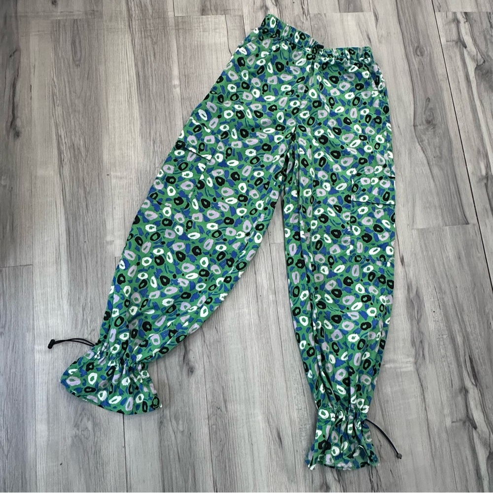 Diane Von Furstenberg Nylon Cargo‎ Joggers Size XS Jazz Abstract Ruffle Pockets